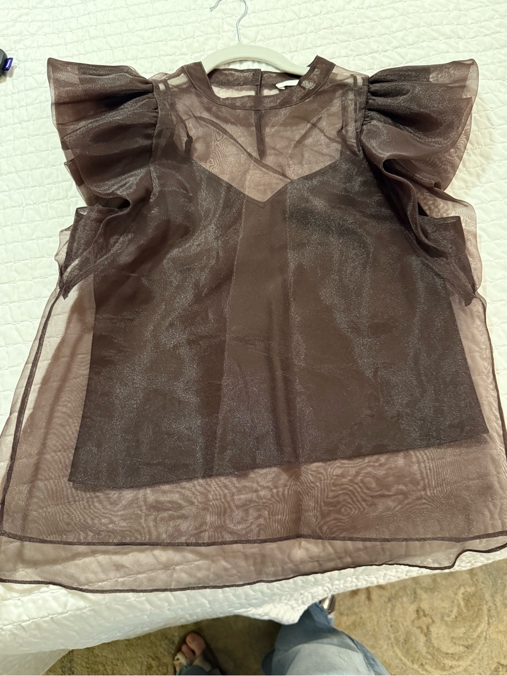 Jonathan Simkhai Sheer Ruffle Sleeve Top - Chocolate Brown size XS